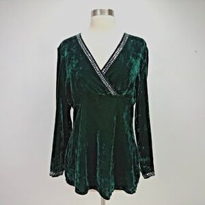 Carole Little VTG Y2K Green Velvet Sequin Tunic Top M VNeck Dressy Holiday Party